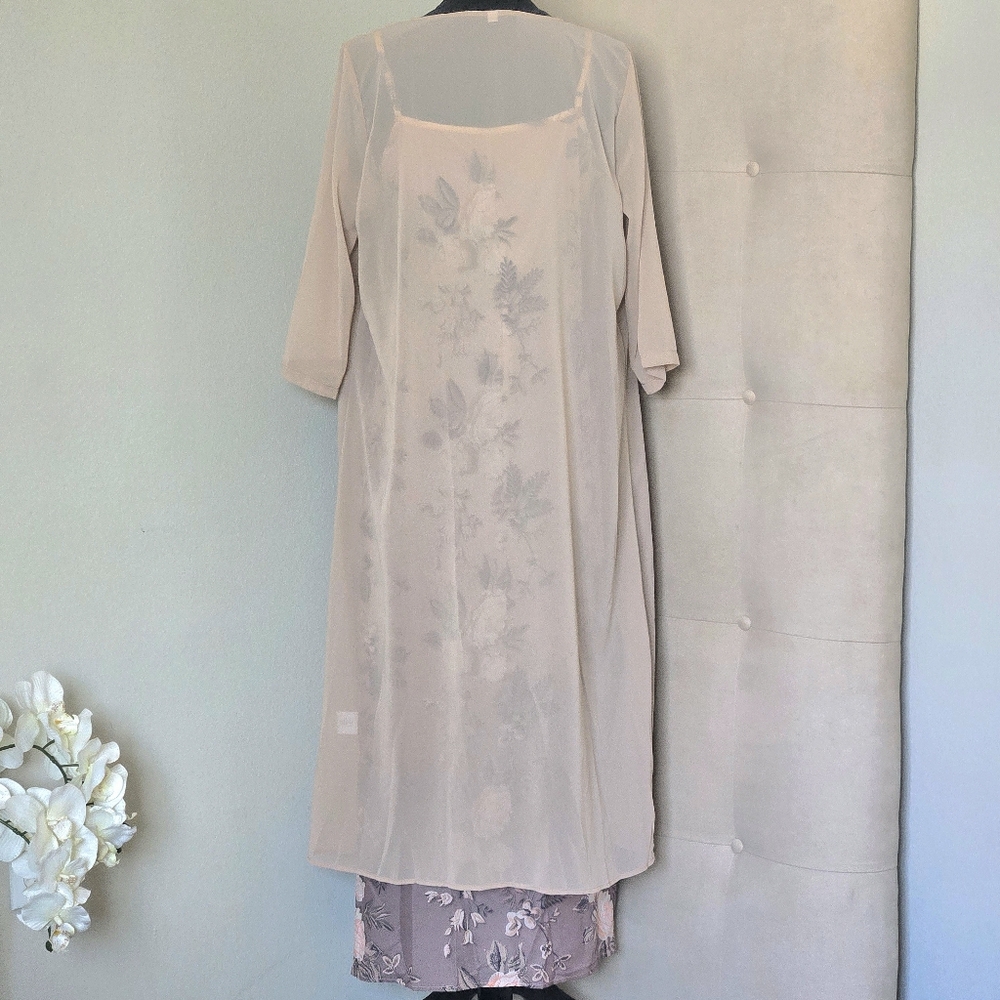 NWOT Floral 2 Piece Maxi Dress & Duster Set-Champagne/Coffee, Sleeveless Vneck - Picture 3 of 13